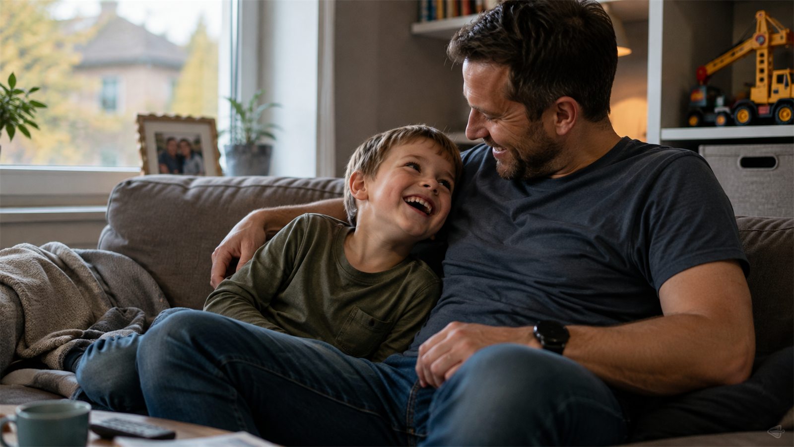 Ein Vater und sein Kind sitzen lachend nebeneinander auf dem Sofa.