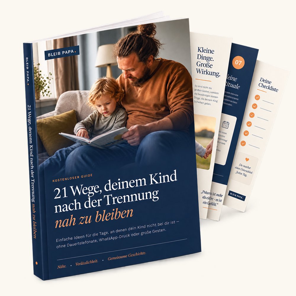 Der kostenlose Guide „21 Wege, deinem Kind nach der Trennung nah zu bleiben“ von BLEIB PAPA, aufgeschlagen mit mehreren Innenseiten.