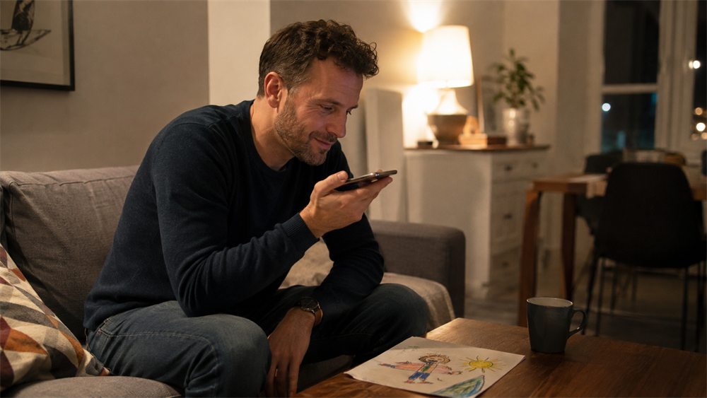 Ein Vater sitzt am Abend auf dem Sofa und spricht eine Sprachnachricht auf sein Telefon.